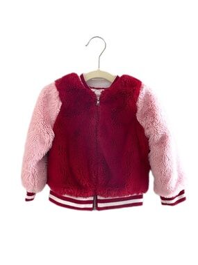 Cat & Jack Girls' Plush Faux Fur Bomber Jacket in Red and Pink